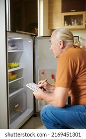 Senior Man Checking Fridge In Kitchen And Writing Shopping List In Notebook