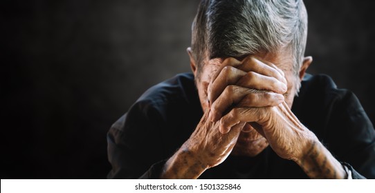 Senior Man Covering His Face With His Hands. Depression And Anxiety Copy Space.