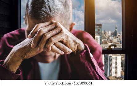 Senior Man Covering His Face With His Hands. Depression And Anxiety Copy Space.