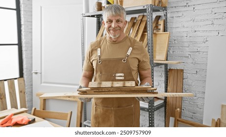 Senior man craftsman workshop smiling apron woodworker skilled professional experienced - Powered by Shutterstock