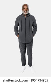 Senior Man In Dark Gray Tracksuit Sportswear Fashion Portrait Full Body