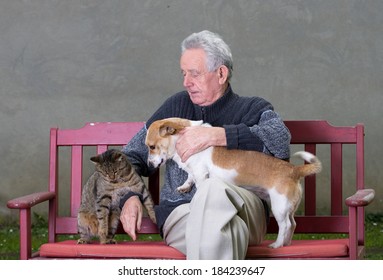 Senior Man With Dog And Cat On His Lap On Bench