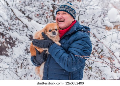 Senior Man Dog Lover With His Red Pekingese Pet On A Walk At Snowy Park. Concept Love And Care Of Animals. Good People Caring For Pets