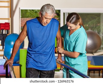 Senior man doing running training with physiotherapist in nursing home - Powered by Shutterstock