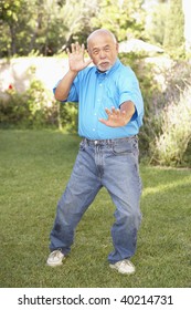 Senior Man Doing Tai Chi In Garden