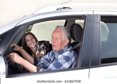 Senior Man Driving Car With His Granddaughter And Dog Beside Him, Looking Through Window