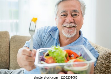 Senior Man Eating A Salad In House, Old Elderly Male Health Care Eat Vegetables And Healthy Food.