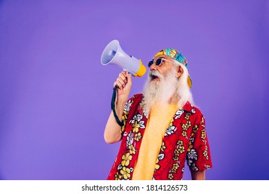 Senior Man With Eccentric Look  - 60 Years Old Man Having Fun, Portrait On Colored Background, Concepts About Youthful Senior People And Lifestyle