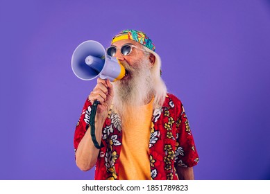 Senior Man With Eccentric Look  - 60 Years Old Man Having Fun, Portrait On Colored Background, Concepts About Youthful Senior People And Lifestyle