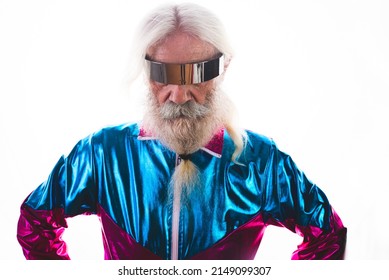 Senior Man With Eccentric Look  - 60 Years Old Man Having Fun, Portrait On Colored Background, Concepts About Youthful Senior People And Lifestyle