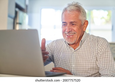 Senior Man Enjoys Zoom Video Chat Or Communicating On Social Media