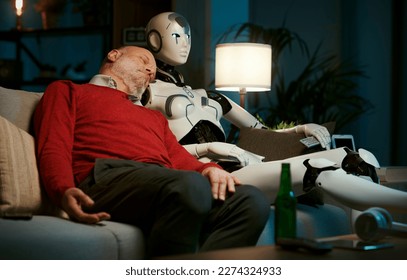Senior man falling asleep on the couch next to his female humanoid robot, robot-human relationship concept