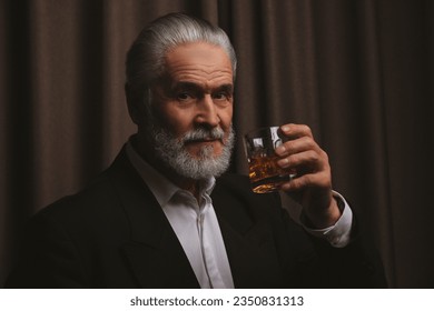 Senior man in formal suit holding glass of whiskey with ice cubes on brown background - Powered by Shutterstock