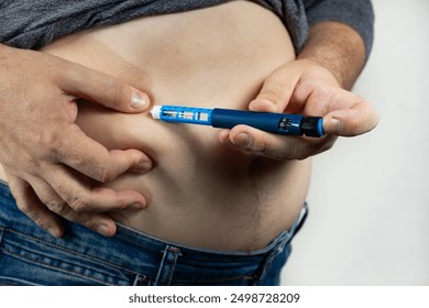 Senior man giving himself insulin injection at home, closeup. Insulin Injection Diabetes Drug Being Used For Weight Loss. Medical equipment for diabetes patient. Diabetes concept. insulin injection - Powered by Shutterstock