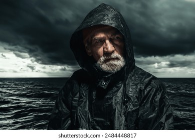 Senior man with grey beard in hoodie rain coat at stormy coast with dark sky. - Powered by Shutterstock