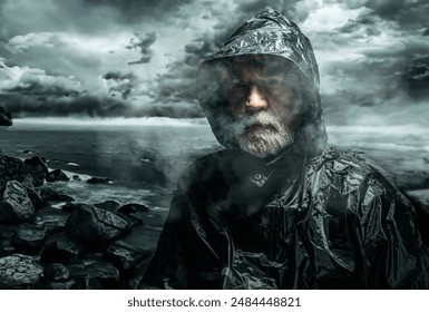 Senior man with grey beard in hoodie rain coat at stormy coast with dark sky. - Powered by Shutterstock