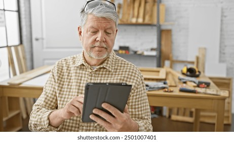 A senior man with grey hair focused on a tablet in a woodwork workshop surrounded by tools and workbench. - Powered by Shutterstock