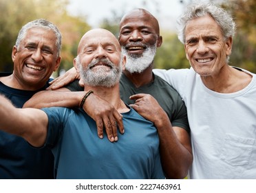 Senior, man group and fitness selfie at park together for elderly health or wellness for happiness smile. Happy retirement, friends portrait or runner club in diversity, teamwork or outdoor training - Powered by Shutterstock