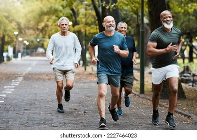 Senior, man group and running on street together for elderly fitness and urban wellness with happiness. Happy retirement, smile and runner club in workout, diversity and teamwork in park for health - Powered by Shutterstock