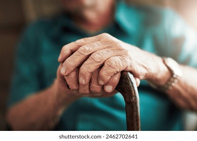 Senior man, hands and support with cane for old age, osteoporosis or care in retirement home. Closeup of elderly, pensioner or male person with a disability or walking stick for stability at house - Powered by Shutterstock