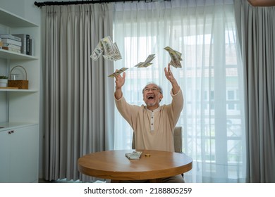 Senior Man Happy With Money,Holding Dollar Banknotes,Celebrating Achievement With Happy Smile.