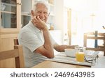 Senior, man and happy with portrait at breakfast in dining room for nutrition. healthy meal and retirement. Elderly, person and smile in home with porridge, relax and morning routine in apartment