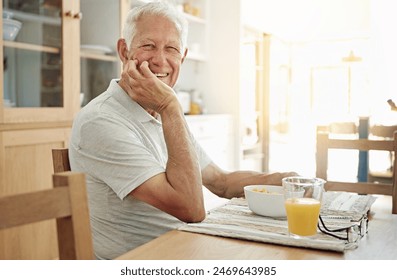 Senior, man and happy with portrait at breakfast in dining room for nutrition. healthy meal and retirement. Elderly, person and smile in home with porridge, relax and morning routine in apartment - Powered by Shutterstock