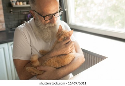 Senior Man Holding Cute Cat At Home