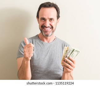 Senior Man Holding Dollar Money Happy With Big Smile Doing Ok Sign, Thumb Up With Fingers, Excellent Sign