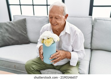 Senior Man Holding Flower Pot Sitting On Sofa At Home