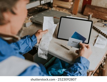 Senior man holding his credit cards and receipts with tablet on the desk. Senior man paying bills using his credit cards while looking at receipts. Credit cards and receipts are waiting to get paid. - Powered by Shutterstock