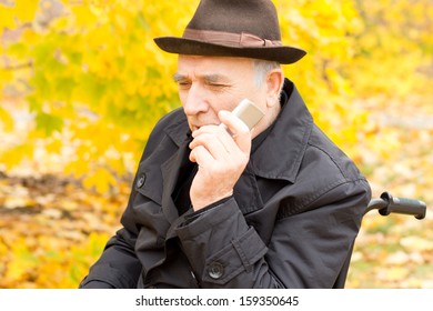 Senior Man Holding A Mobile Phone To His Cheek With A Concerned Thoughtful Expression After Hearing News From A Friend Or Family Member As He Enjoys Nature In A Colourful Fall Garden