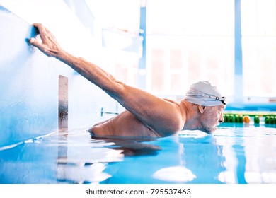 Senior Man In An Indoor Swimming Pool.