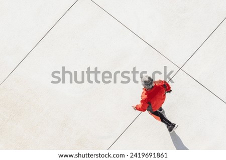 Image, Stock Photo Unrecognizable person in red fitness outfit doing exercise on the beach on a sunny day. Outdoor workout.