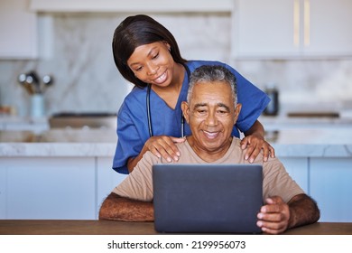 Senior Man, Laptop And Black Caregiver Or Home Nurse Helping Patient With Social Media, Communication And Internet Browsing At Home. Support, Healthcare And Medical Aid Or Hospice With Pensioner