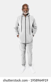 Senior Man In Light Gray Tracksuit Sportswear Fashion Portrait Full Body