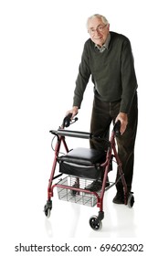 A senior man looking at viewer as he strolls with his wheeling walker.  Isolated on white.