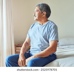 Senior man, memory and window in bedroom, thinking and remember with idea, insight or nostalgia in house. Elderly person, reflection or perspective with smile, inspiration and wake up in nursing home - Powered by Shutterstock