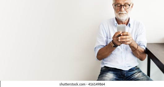 Senior Man Mobile Phone Communication Connection Technology Concept