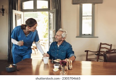 Senior man, nurse and breakfast with check, talking and happy with food, nutrition and care in nursing home. Retirement, assisted living or helping hand from woman in house with conversation for diet - Powered by Shutterstock