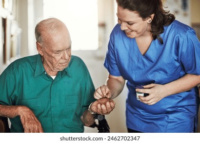 Senior man, nurse and elderly care with pills, medication or prescription for daily dose or healthcare at old age home. Medical caregiver or woman volunteer giving tablets to person with a disability - Powered by Shutterstock