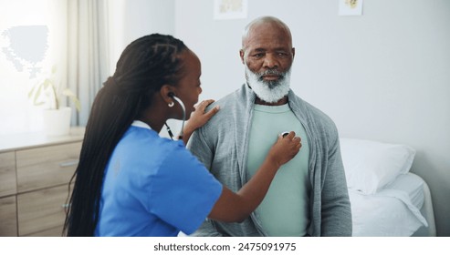 Senior, man and nurse with listening on stethoscope for heartbeat assessment or cardiovascular health on bed. Elderly patient, doctor and cardiology in hospital for lung disease or chest infection - Powered by Shutterstock