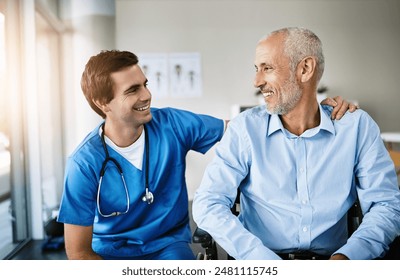 Senior, man and nurse with patient in clinic, care and together for wellness consultation with medical employee. Support, healthcare and wheelchair for person with a disability, hospital and trust - Powered by Shutterstock