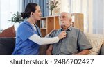 Senior man, nurse and stethoscope for lung checkup with healthcare, retirement and wellness in nursing home. Elderly patient, caregiver and listening to breathing for infection, illness or pneumonia