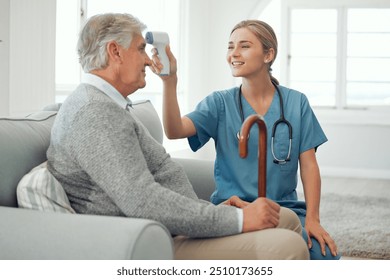 Senior man, nurse and temperature for fever, test or check up in nursing home for retirement. Elderly person, medical exam and thermometer in living room with caregiver in consultation for wellness - Powered by Shutterstock