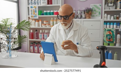 Senior man in pharmacy with grey hair and beard, wearing white coat and glasses, examining a medicine bottle while using a tablet in a drugstore with shelves of products in the background - Powered by Shutterstock