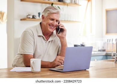 Senior man, phone call and laptop home budget finances, online banking and planning for retirement savings, investment and insurance. Happy mature guy working, consulting and mobile admin connection - Powered by Shutterstock