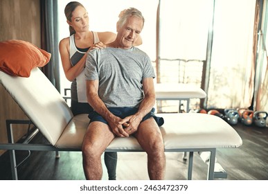 Senior, man and physiotherapy for neck pain treatment or rehabilitation consultation, mobility or injury. Client, woman and stretch joint or accident healing in retirement, healthcare or insurance - Powered by Shutterstock