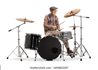 Senior man playing drums isolated on white background