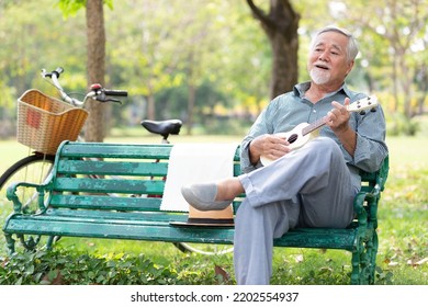 senior man playing ukulele and looking forward in a park - Powered by Shutterstock